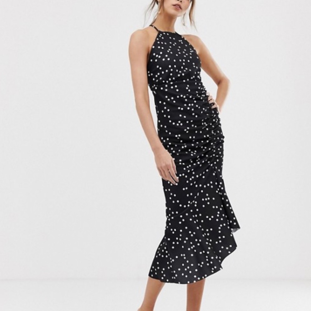ASOS Ruched  Polka Dot Halter Midi Dress